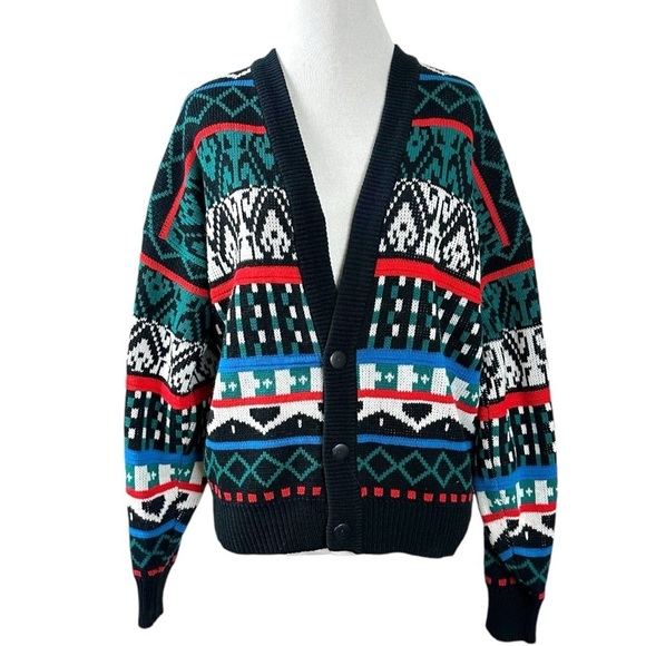 Vintage 70s Sasson Fair Isle V Neck Cardigan Sweater Oo La La Small Retro - Picture 1 of 15